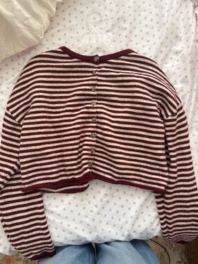 PacSun Burgundy and Cream Striped Button-Back Sweater